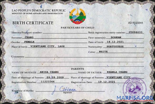 Blank Laos birth certificate PSD template